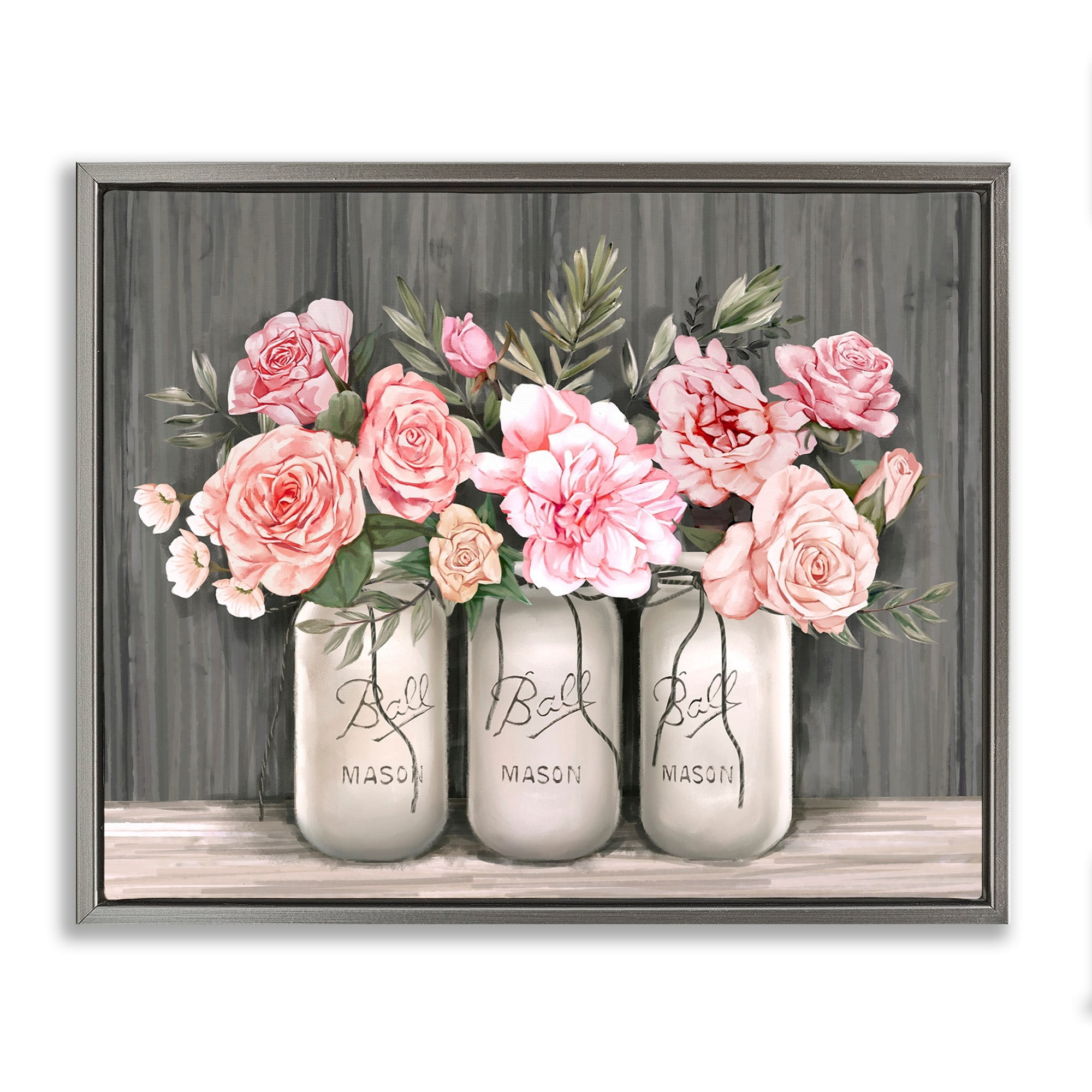 Stupell Industries Blossoming Pink Rose Bouquets Rustic Country Jars Luster Gray Framed Floating Canvas Wall Art, 16x20, by Ziwei Li