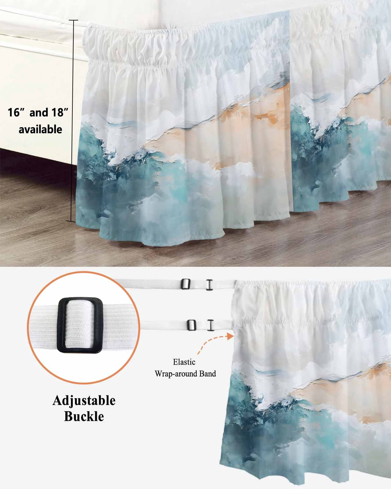 Teal Beige Wrap Around Bed Skirts for Queen Bed 16" Drop, Bed Skirt with Adjustable Elastic Belt Dust Ruffle Bed Valance for Bedroom Hotel Luxury Modern Oil Painting Art Coastal Bed Frame Cover