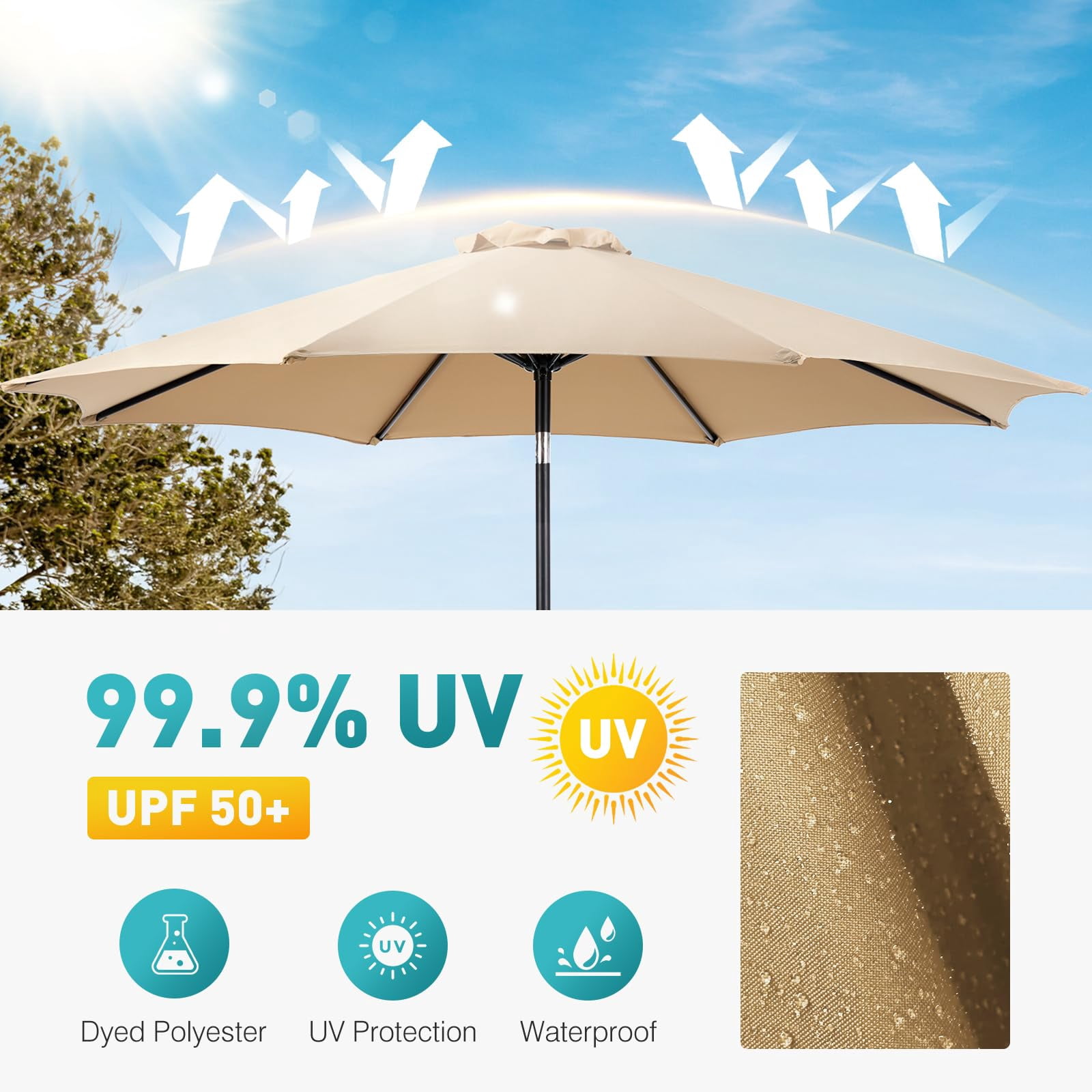 9ft Outdoor Patio Umbrella - UPF50+ UV Protection with Push Button Tilt, Crank and 8 Sturdy Ribs