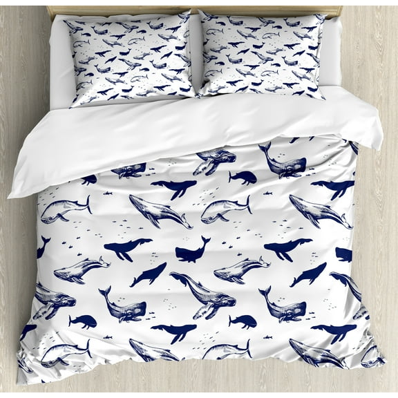 Whale Duvet Cover Set, Monochrome Marine Exotic Ocean Fishes Whales Swimming Wildlife Sea Illustration, Decorative 3 Piece Bedding Set with 2 Pillow Shams, Calking Size, Indigo and White, by Ambesonne