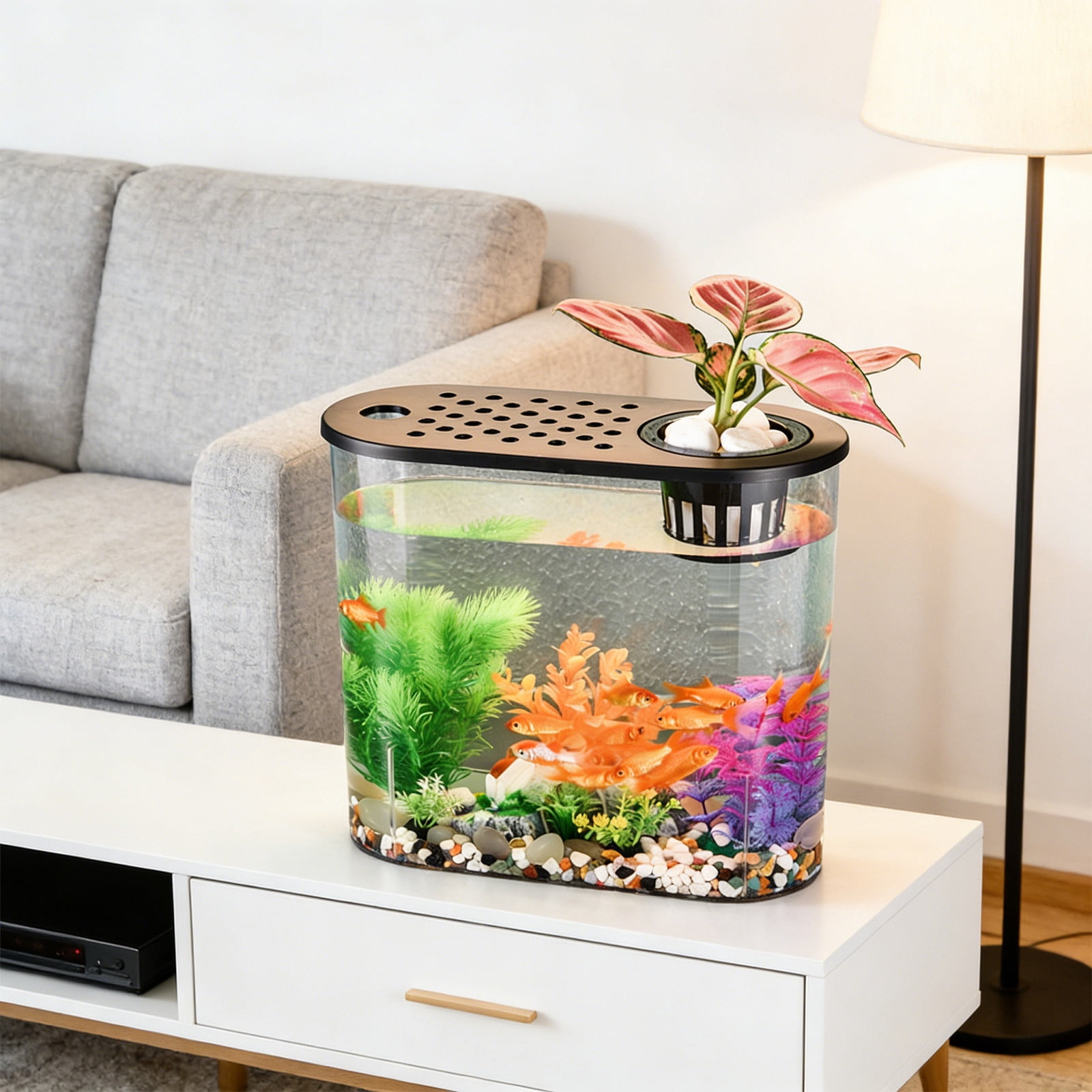 Goldfish Bowl Fish Tank Plastic Desktop Aquarium, Clear Betta Fish Tank with Plant Holder for Home Office Tabletop Living Room Bedroom Decor