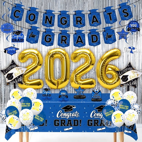 DECHISY 2026 Graduation Decorations Set Blue and Black Includes Banner Balloons Tablecloth Swirls Centerpieces Curtains
