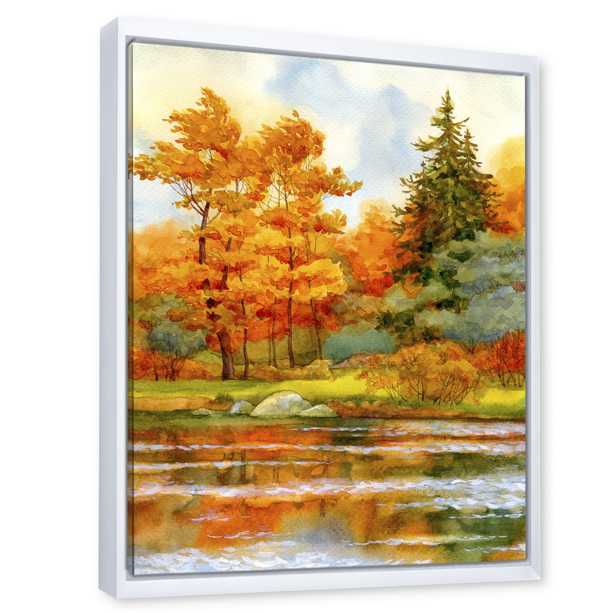 Designart 'Autumn Forest By The Lake Side III' Lake House Framed Canvas Wall Art Print