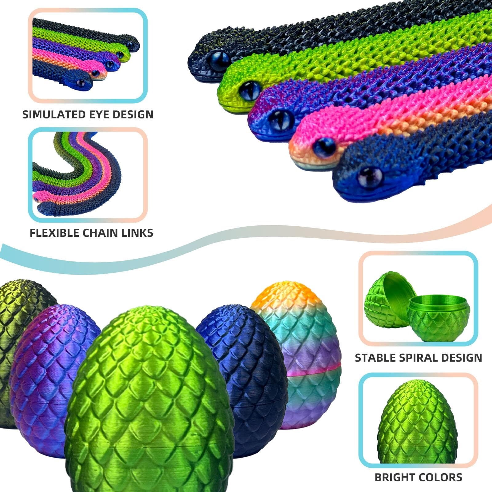 5PCS 3D Printed Snake Eggs 3D Printed Snake 3D Printed Snake Set Easter Eggs Articulated Snake Easter Basket Stuffers Mystery Snake Egg Fidget 3D Printed Animals