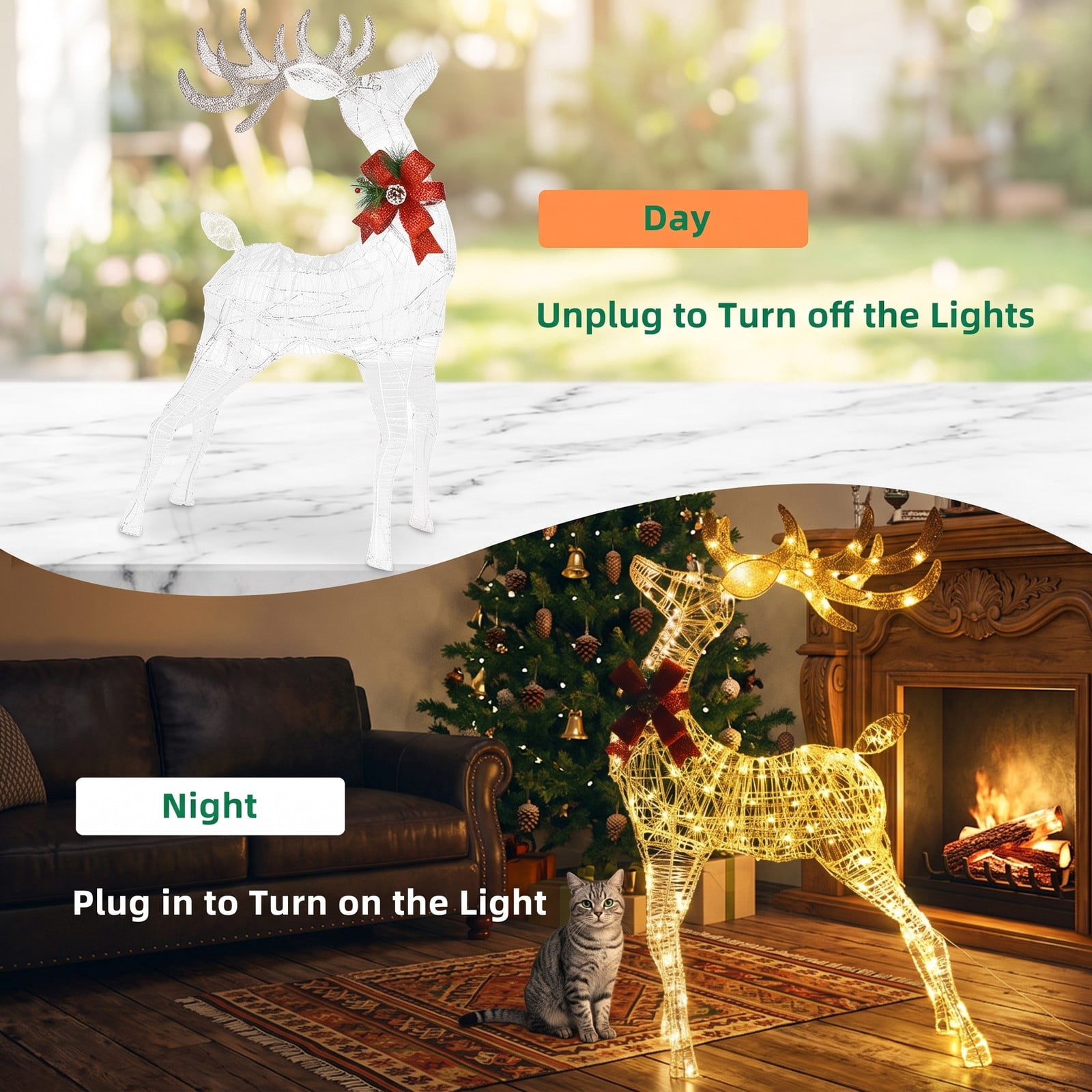 RUIE 53-inch Lighted Standing Reindeer Christmas Decoration, 120 Warm White LEDs, Outdoor Yard Deer with Ground Stakes, White