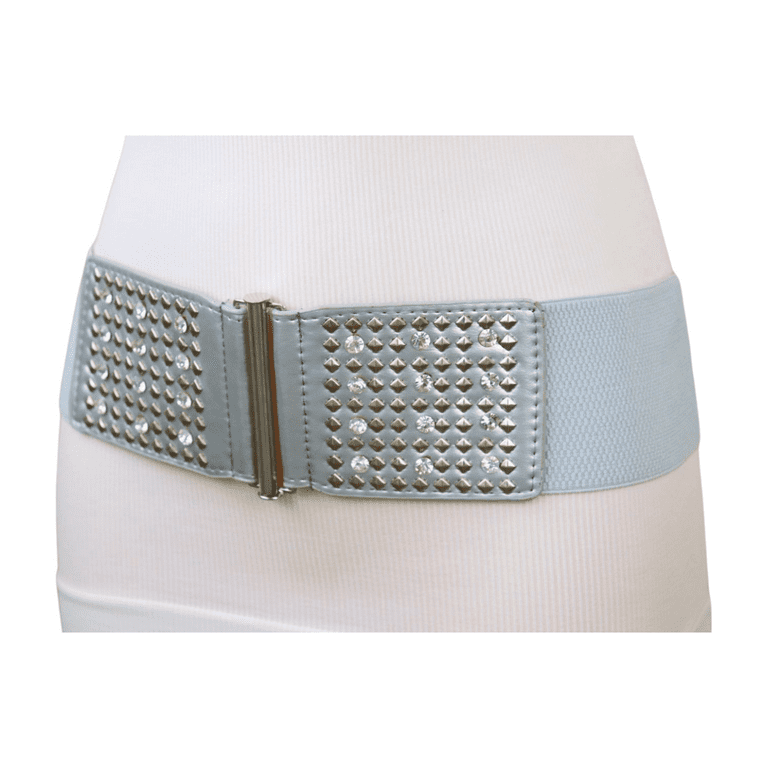 Women Silver Elastic Waistband Belt Bling Metal Studs Hip High - Main Image