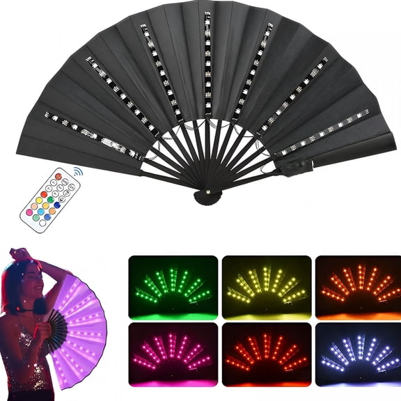 ACDANC Large Rave Fan,Led Light Up Hand Fan,Handheld Folding Fan with Remote Control,Cool Multifunction Glowing Stage Performance Props Fans for Party Birthday Wedding (Black)