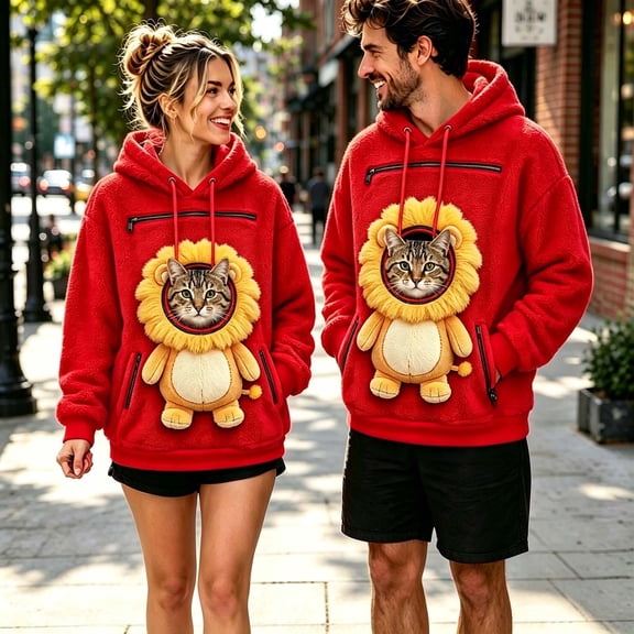 oelaio Pet Pouch Fleece Hoodie for Women Cute Lion Print Cat Carrier Hoodies Drawstring Long Sleeve Chest Zipper Animal Holder Pullover Top L