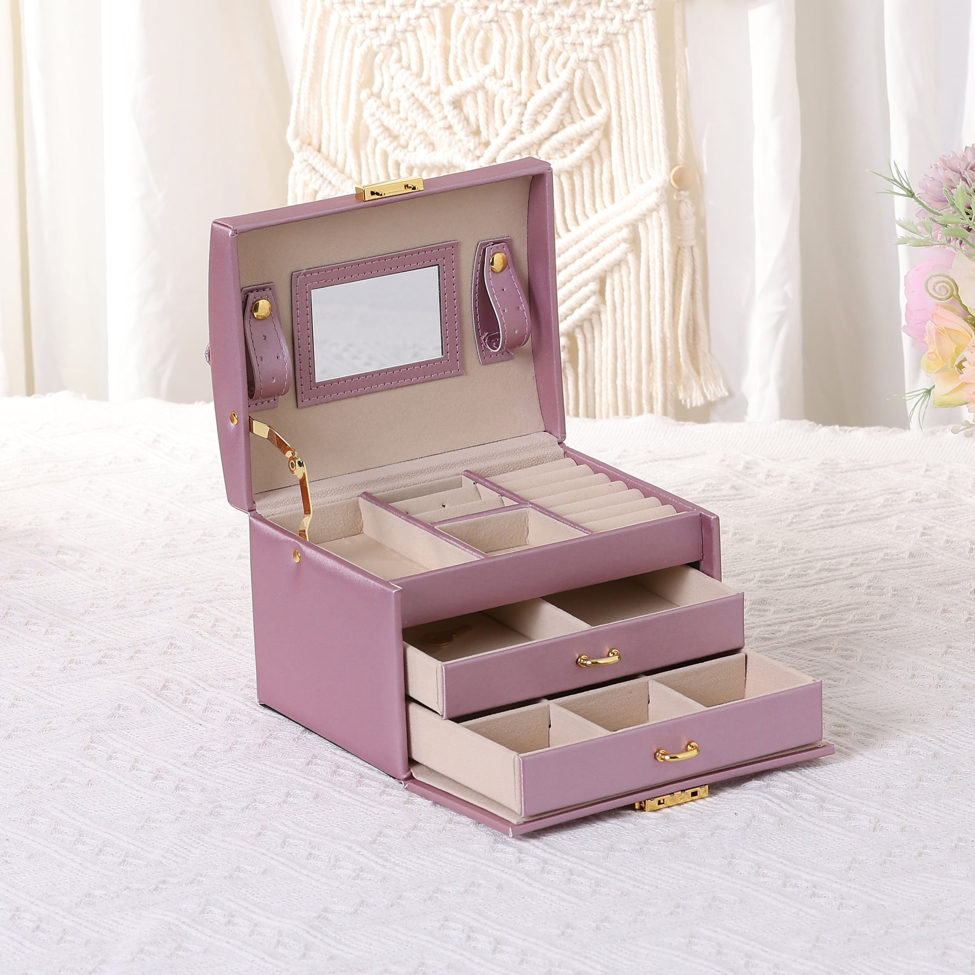 Unique Bargains 3 Layer Jewelry Box with Mirror for Women PU Leather Jewelry Organizer Purple