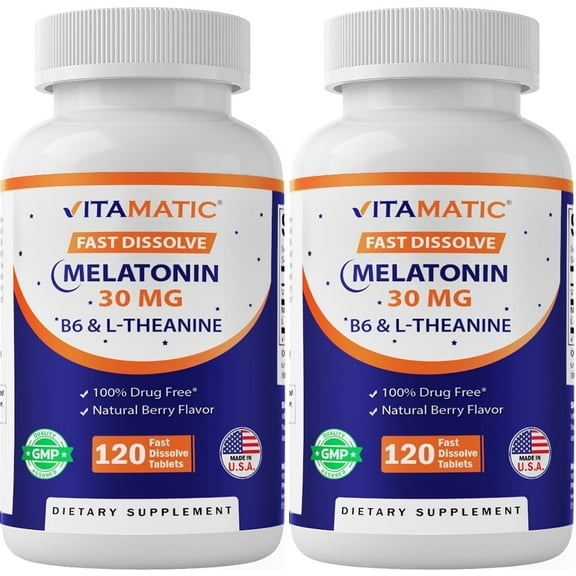 Vitamatic Melatonin 30mg - with B6 & L-Theanine - 120 Fast Dissolve Tablets with Natural Berry Flavor (2 Tablets Dose = Melatonin 60mg)- 2 Pack
