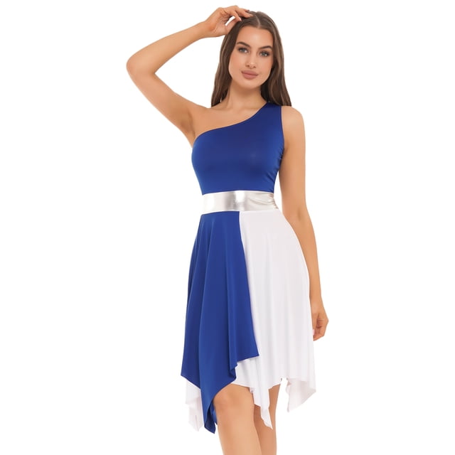 MSemis Robe de Danse Lyrique Moderne pour Femmes à une Épaule Sans Manches Costume de Danse de Louange Bleu Royal G