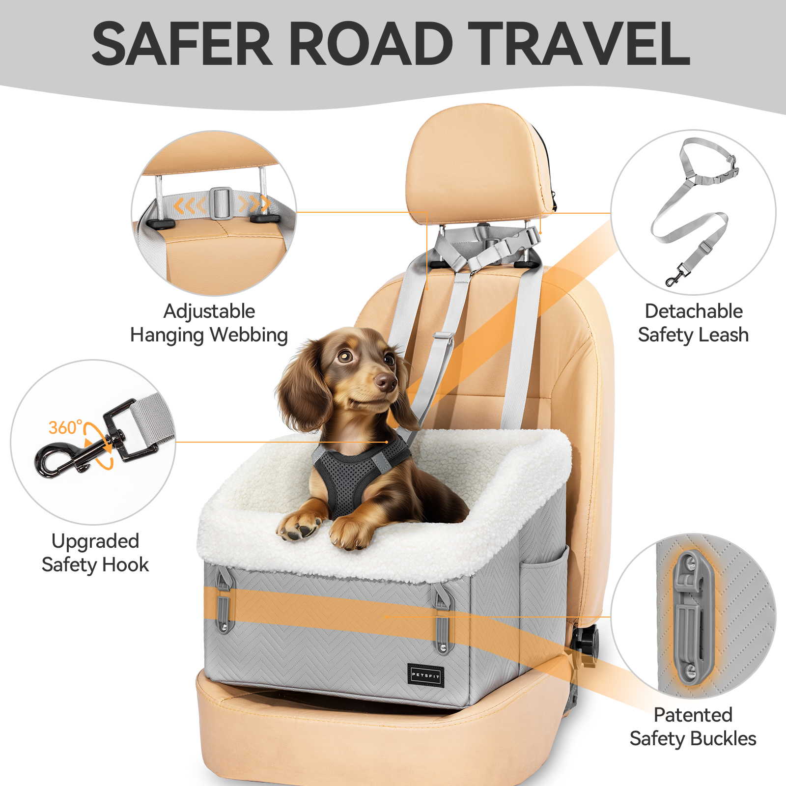 PETSFIT Dog Car Seat, Waterproof PU Leather ,Patented Safe Buckles, Pet Car Seats for Medium or Small Sized Pets,Under 30 lbs ,Grey