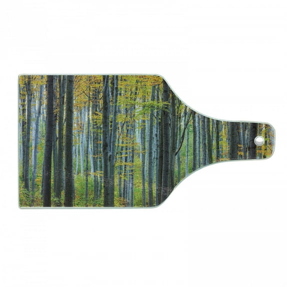 Fall Cutting Board, Beech Fall Tree with Tall Bodies Wilderness Rural Countryside Themed Design, Decorative Tempered Glass Cutting and Serving Board, Wine Bottle Shape, Grey Yellow, by Ambesonne