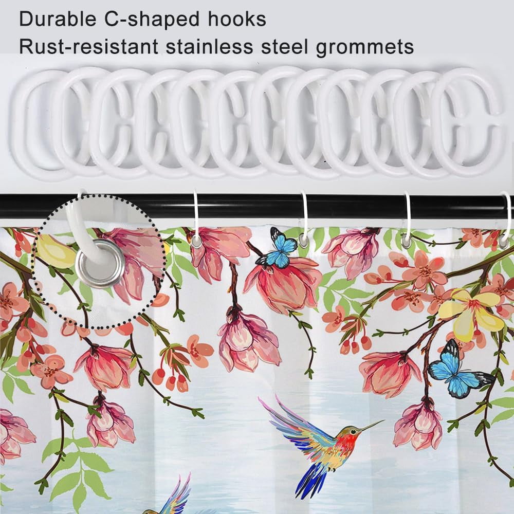 Spring Floral Shower Curtain, Colorful Humingbird Shower Curtain for Bathroom Pink Flower with Butterfly Fabric Shower Curtain Set with Hooks, 72x72 Inch