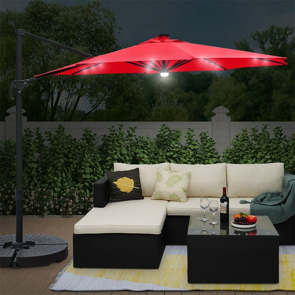 Abble 10 ft. Patio Umbrella 360-Degree Aluminum Rotation Hanging Offset Cantilever Umbrella Solar Lighted Market Umbrella, Cranberry
