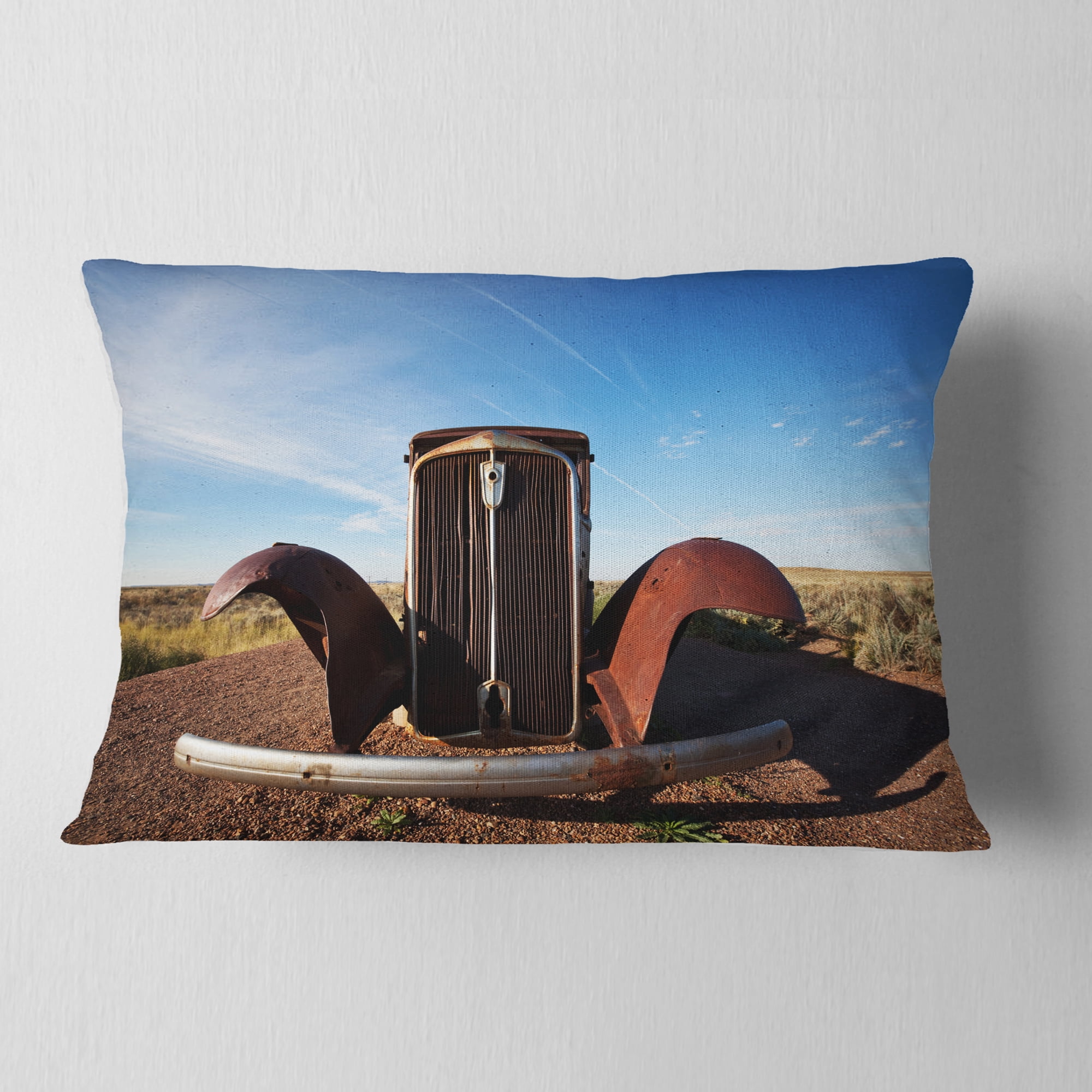 Designart Retro Car under Calm Blue Sky - Landscape Printed Throw Pillow - 12x20