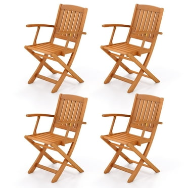 Gymax Patio Wood Folding Chair Set of 4 w/ Armrests & Slatted Seat for Backyard