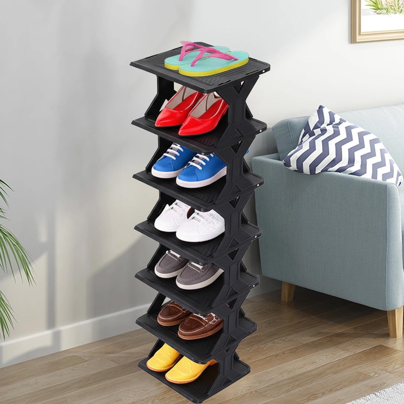 Seyotauo Vertical Shoe Rack -Tall Narrow Shoe Rack Organizer for Small Spaces,7 Tier Bamboo Shoen Shelf for Entryway,Closet,Corner,Doorway,Skinny Shoe Shelf Space Saving Shoe Storage,Free Stackable
