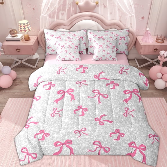 Erosebridal Kids Bow Butterfly Knot Twin Bedding Sets 7-Piece, Bling Print Bedding Comforter Set, Grey Pink