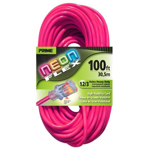 Prime Neon Pink Flex Extension Cord, 100 ft.