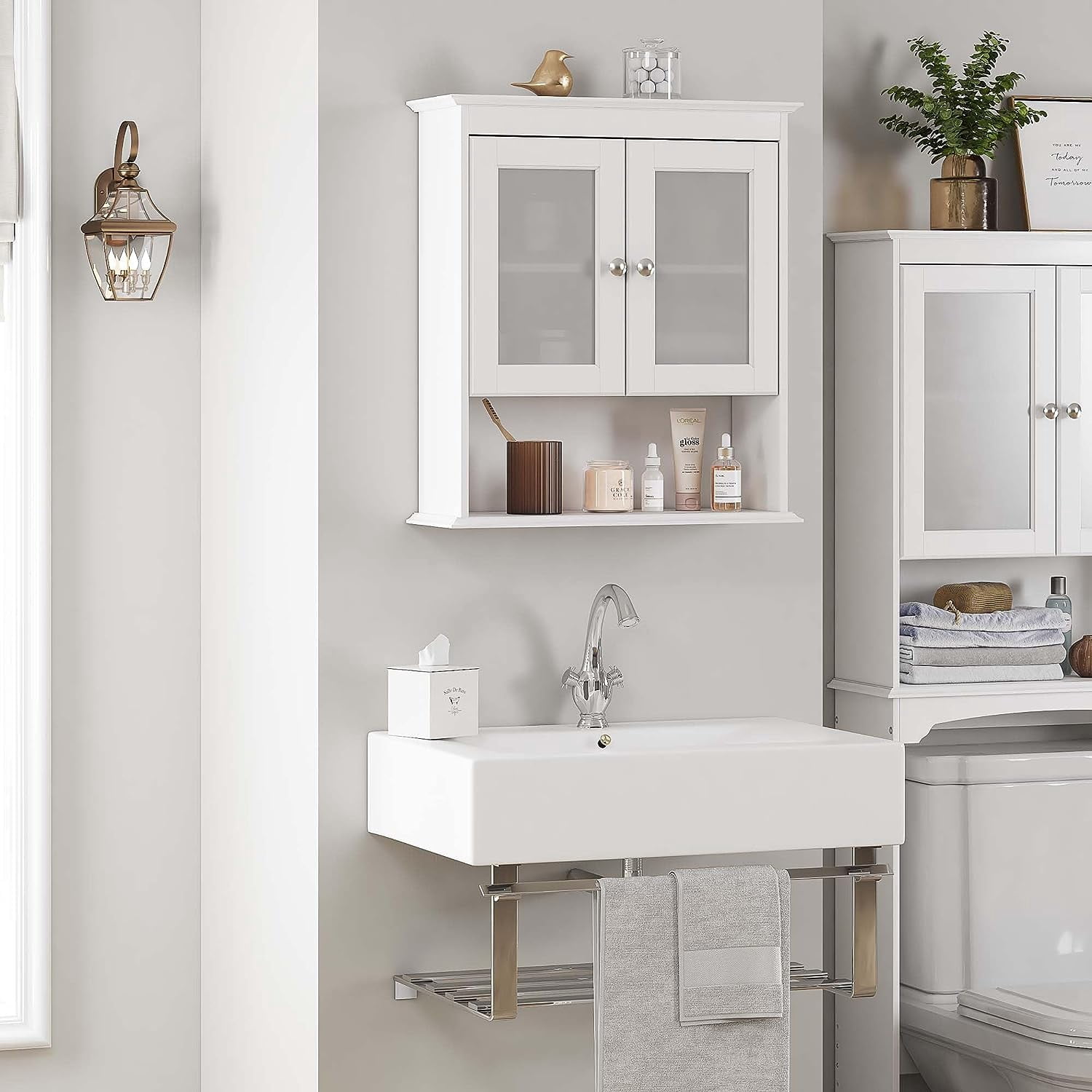 Spirich Elegant Bath Storage Organizer Wall Mounted Cabinet with Transparent Glass Doors, Adjustable Shelves, White