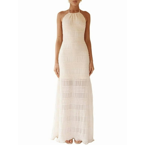 Women'S Backless Pleated Maxi Dress Halter Neck Spaghetti Strap Beach Maxi Dress Holiday Casual Sundress White M