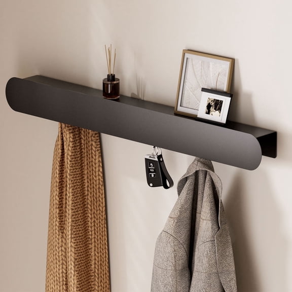 Enogets Wall Mount Coat Rack, 6 Hidden Hooks & Storage Organizer for Entryway, Living Room, Bedroom (Black)