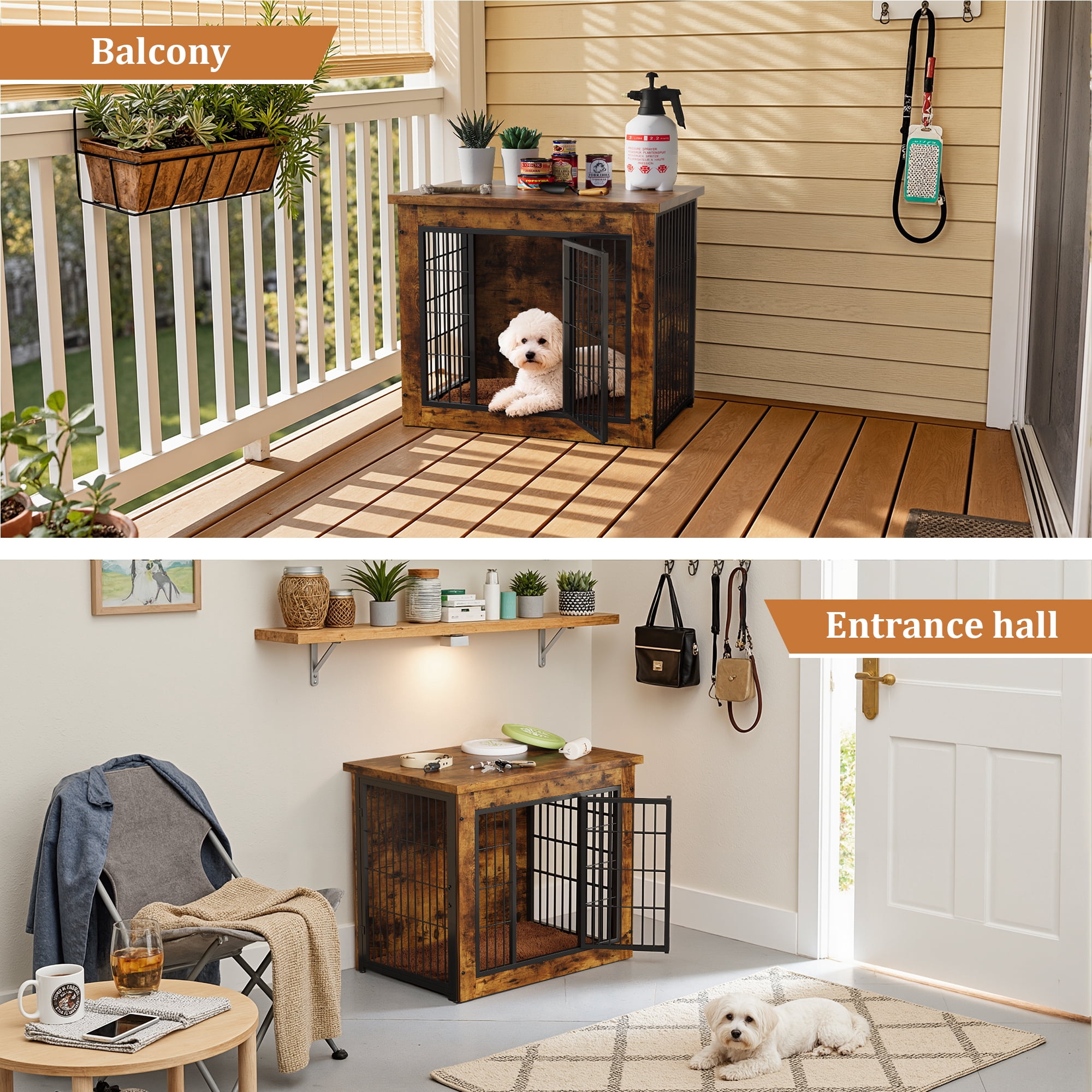 Furmax Wooden Indoor Dog Crate Furniture  with Double Doors and Thick Cushion,Brown