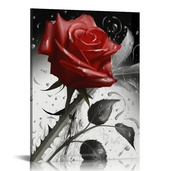 JRXY Red Rose Canvas Wall Art for Bedroom Decor,Red and Black Wall Decor Floral Artwork Flower Painting Picture for Bathroom Wall Decoration 12x16 in