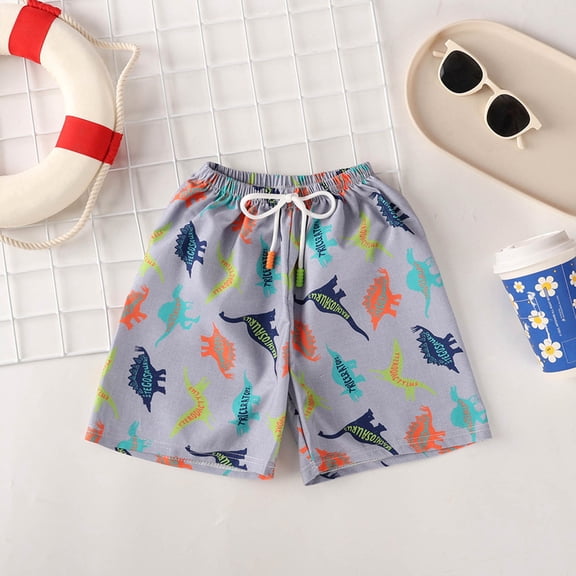 Boys' Colorful Dinosaur Print Swim Trunks, Quick-Dry Elastic Waist Board Shorts for Kids Beach Activities, 3-10 Years Gray 9-10Y