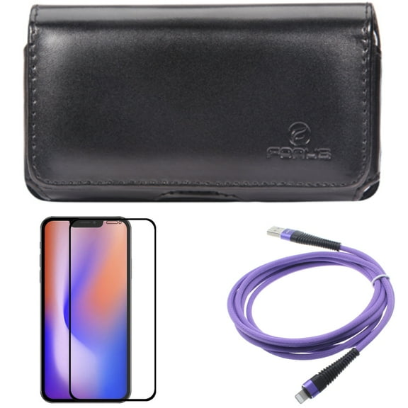 Screen Protector & 10ft USB Cable & Case Belt Clip for iPhone 13/Pro - Combo with Anti-Glare Tempered Glass Matte & Purple Charger Cord Power & Leather Swivel Holster