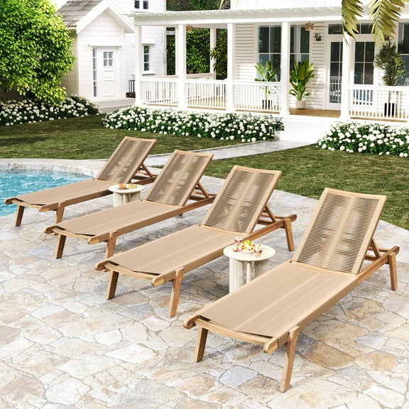 GDF Studio Acacia Wood Outdoor Chaise Lounges with Rope Seating and Adjustable Positions, Teak Beige, Set of 4