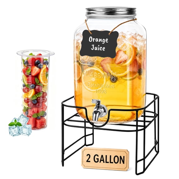 2 Gallon Glass Drink Dispenser, TAIMASI Beverage Dispenser With Stand And Spigot For Parties, Juice Lemonade Ice Tea Water Dispenser Dispenser for BBQ, Picnic, Party