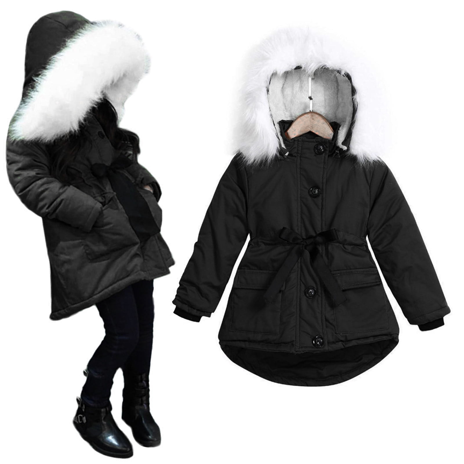 Xzngl Baby Girl Coats Baby Girl Fur Hooded Tops Jacket Padded Coat Kids Long Thick Warm Jacket Parkas Baby Girl Jacket Kids Fur Coats Black