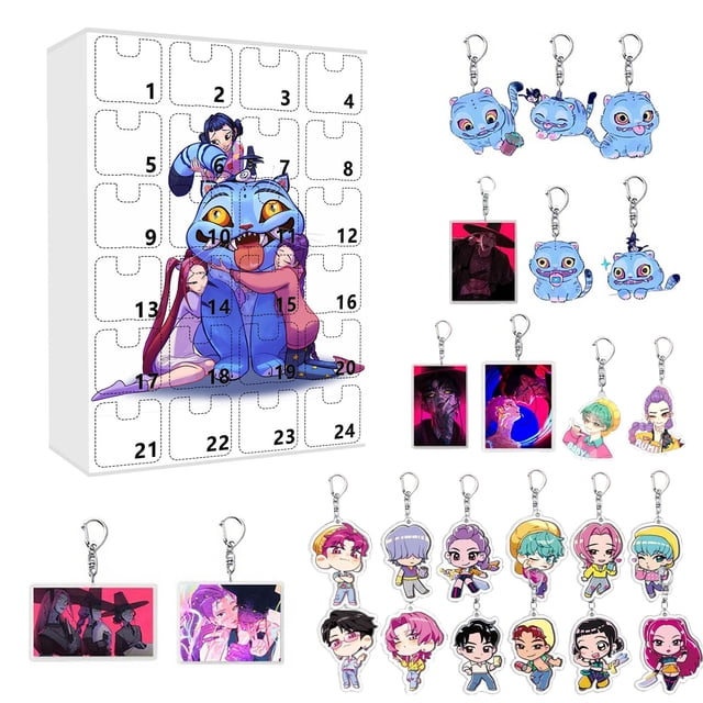 k-pop demon hunters series blind box figures,24pcs kpop demon hunters blind box for k-pop huntrix fans,3d figurine model collection display decorations, gifts for fans — vista frontal con panel tipo calendario de 24 casillas numeradas y una ilustración grande de un demonio-gato azul con dos idols; alrededor se muestran llaveros acrílicos con ilustraciones chibi y tarjetas rectangulares, cada llavero incluye gancho mosquetón y acabado acrílico liso (18×26 cm según especificación); set blind box de 24 piezas para coleccionistas, para decorar mochilas o llaves y como regalo para fans.