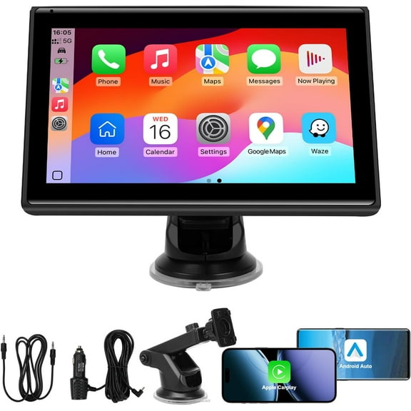 7" Portable Wireless CarPlay Screen for Car – Apple CarPlay & Android Auto, HD Touch Screen Car Stereo, Bluetooth, GPS Navigation, Voice Control, Plug-and-Play with FM/AUX/Mirror Link (Black)