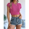 thumbnail image 6 of Womens Cable Knit Crop Cap Sleeve Crew Neck Slim Fit Solid Color Stretchy Summer Short Sleeve Sweater Rose Red L, 6 of 8