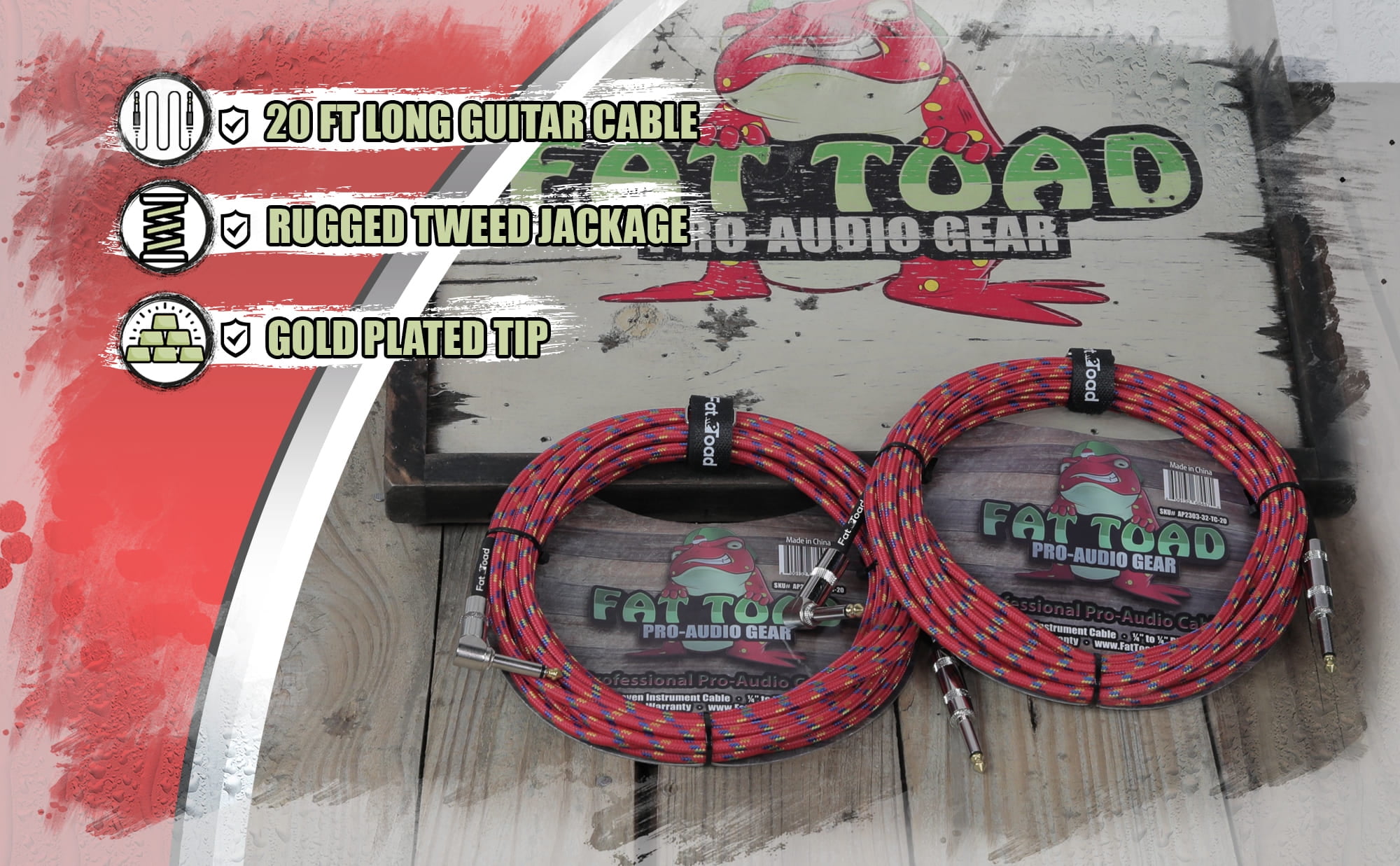 Fat Toad Guitar Cords (2 Pack) - Right Angle to Straight-End Instrument Cable Tweed Cloth Jacket - Braided Woven 20 FT 1/4 Inch Jack TS for Electric Guitar, Bass, Shielded 20 AWG Patch Conductor
