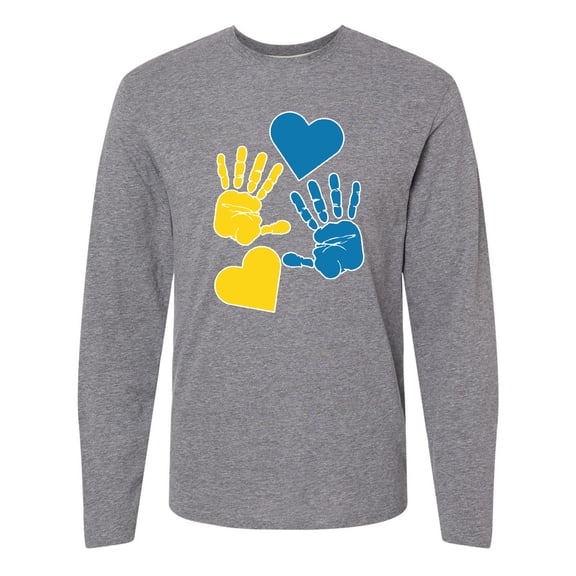 Inktastic Down Syndrome Awareness with Handprints and Hearts Blue and Yellow Long Sleeve T-Shirt