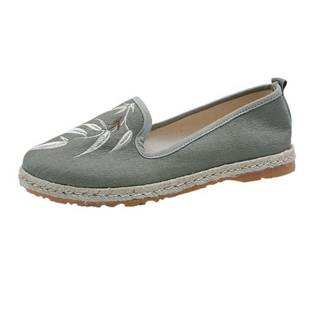 

Women Casual Shoes Breathable Slip On Flats Bow Beaded Striped Canvas Straw Sole Leisure Sneakers cloth Green casual shoes for Women