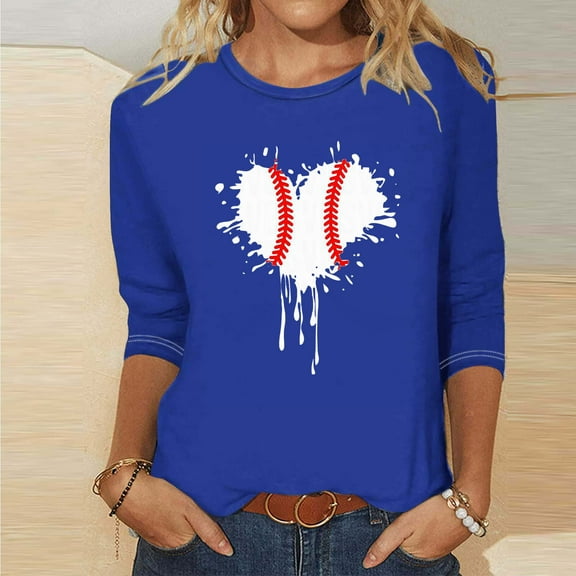 QUNYINEY Casual Shirts for Women 3/4 Sleeve Blue Baseball Crew Neck Tops Drop Shoulder Loose T-Shirts