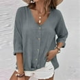 thumbnail image 2 of Ltctricy Cotton Linen Tops for Women 3/4 Length Sleeve V Neck Crossover Button down T Shirts Casual Loose Blouses(Gray,X-Large), 2 of 6