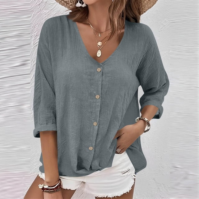 Ailaofu Women's V Neck Summer Tops Casual Henley Button Down T Shirts