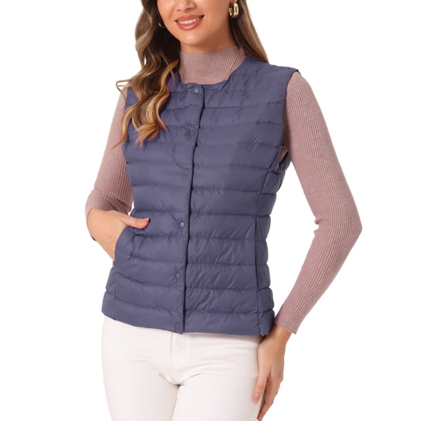 Chaleco acolchado sin mangas ligero de INSPIRE CHIC para mujer, con botones, cuello redondo, abrigos azules XS