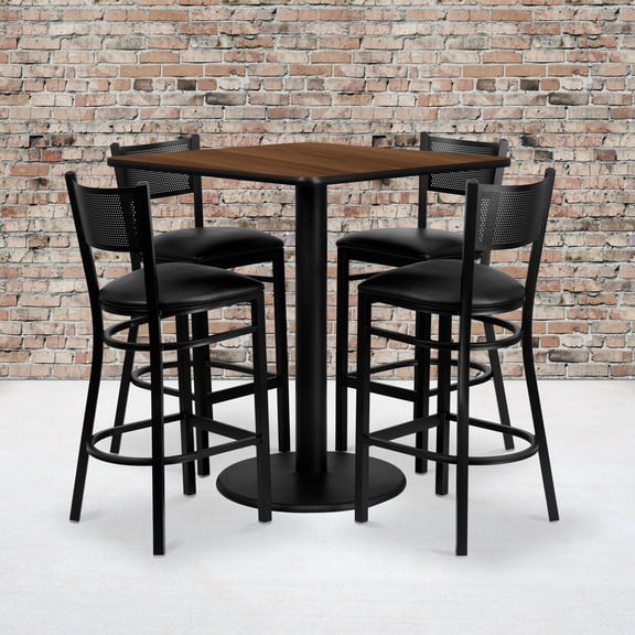 Emma   Oliver 36" Square Walnut Laminate Table Set, 4 Grid Back Metal Barstools