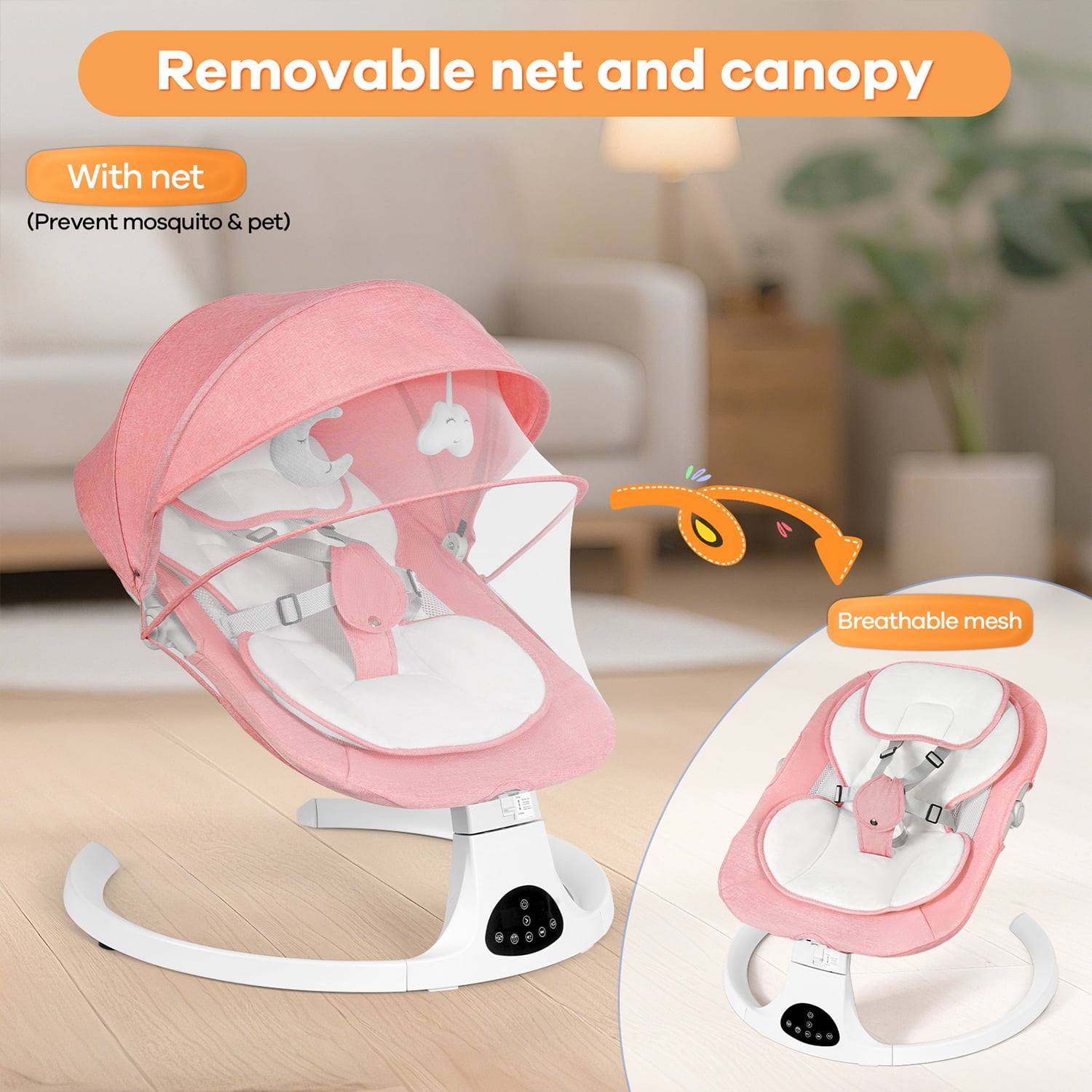 Baby Swing for Infants, Unisex Baby Bouncer, Bluetooth Music for 0-18 months, 5 Sway Speeds, 10 Lullabies for All Seasons,Pink
