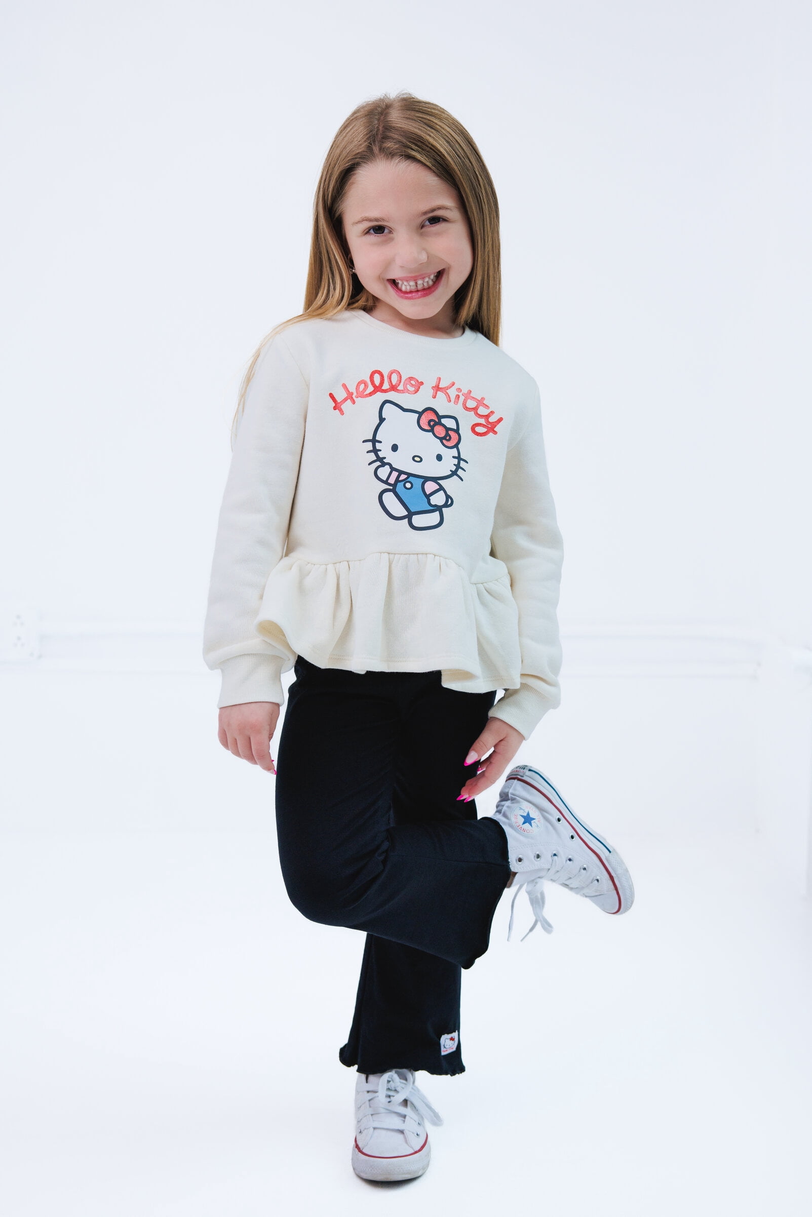 Hello Kitty Fleece Pullover Peplum Sweatshirt and Ribbed Flare Leggings Outfit Set Toddler to Big Kid