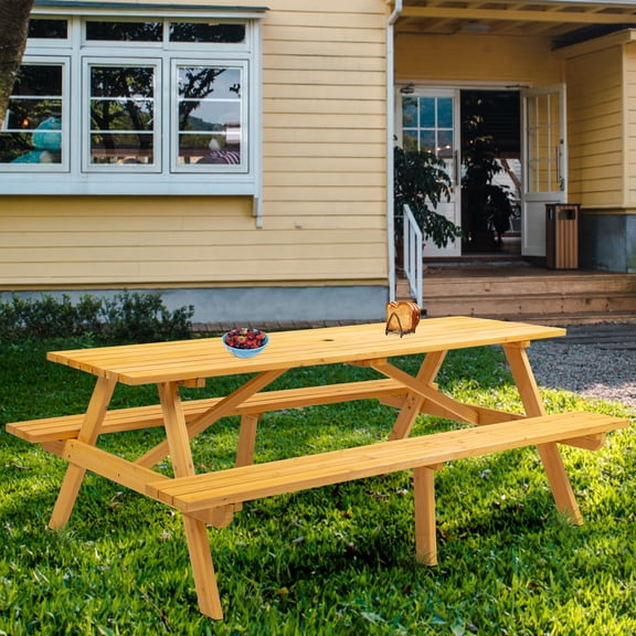 LZBEITEM Durable Wooden Picnic Table for Outdoor Gatherings - Weather-Resistant, 8-Seater with Umbrella Hole, Yellow