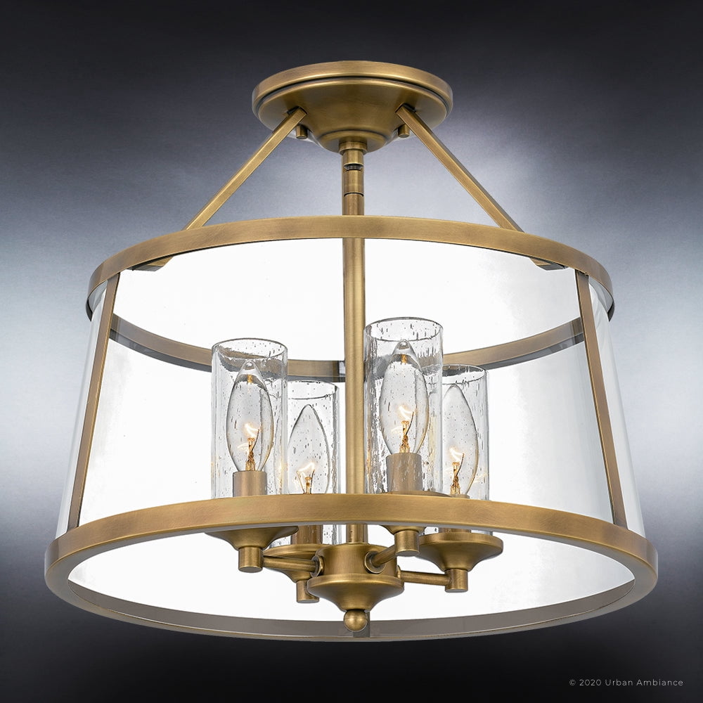 Luxury Traditional Indoor Ceiling Light, 14.50''H x 16.00''W, with Colonial Style Elements, English Country Design, Rustic Brass Finish and Clear Glass Drum, Seeded Glass Interior, UQL3650