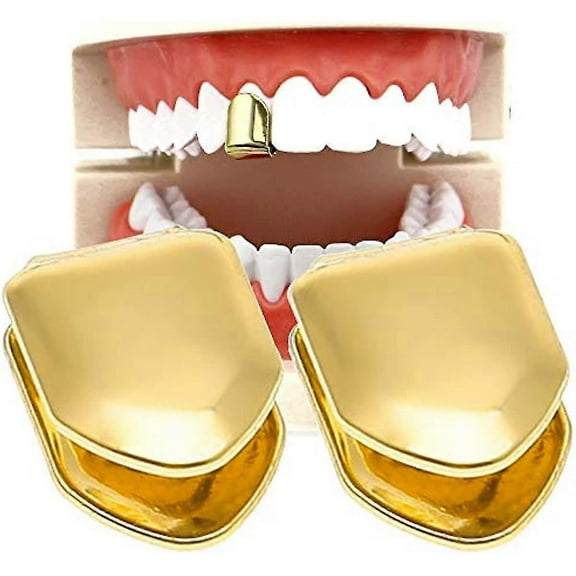 2 Pieces 14k Plated Gold Grillz Mouth Teeth Hip Hop Teeth Plain Top Tooth Single Grill Cap For Teeth Mouth Party Accessories Teeth Grills (color :
